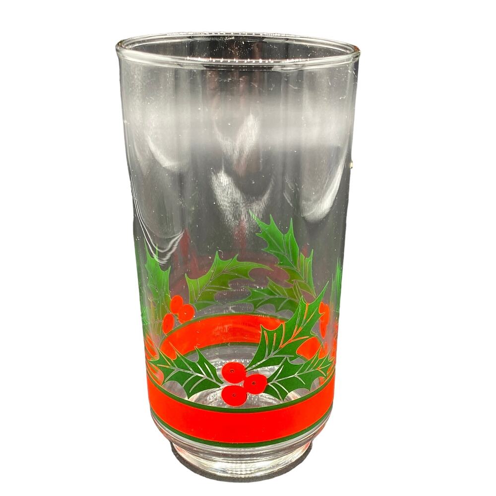 Set 6 Vintage 1980 Libbey Glass Tumbler Christmas Holiday Red Ribbon Holly - Picture 4 of 8